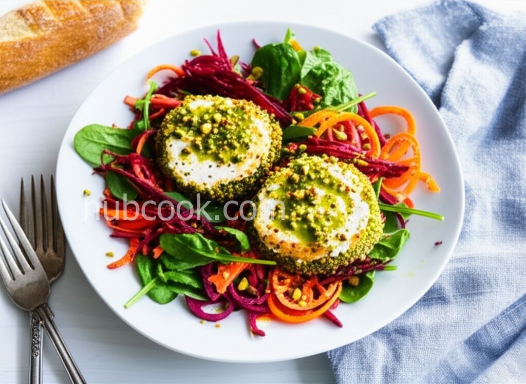 Roasted Sweet Potato and Beet Noodle Salad with Goat Cheese Medallions and Pistachio Vinaigrette