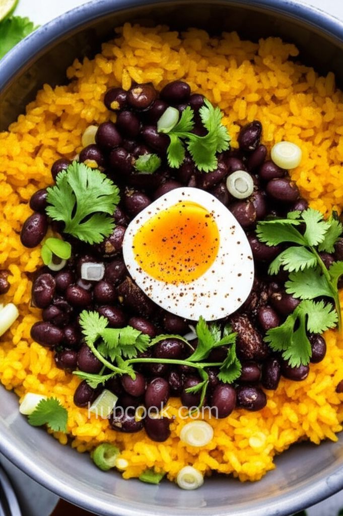 Yellow Rice and Sofrito Beans with Jammy Eggs